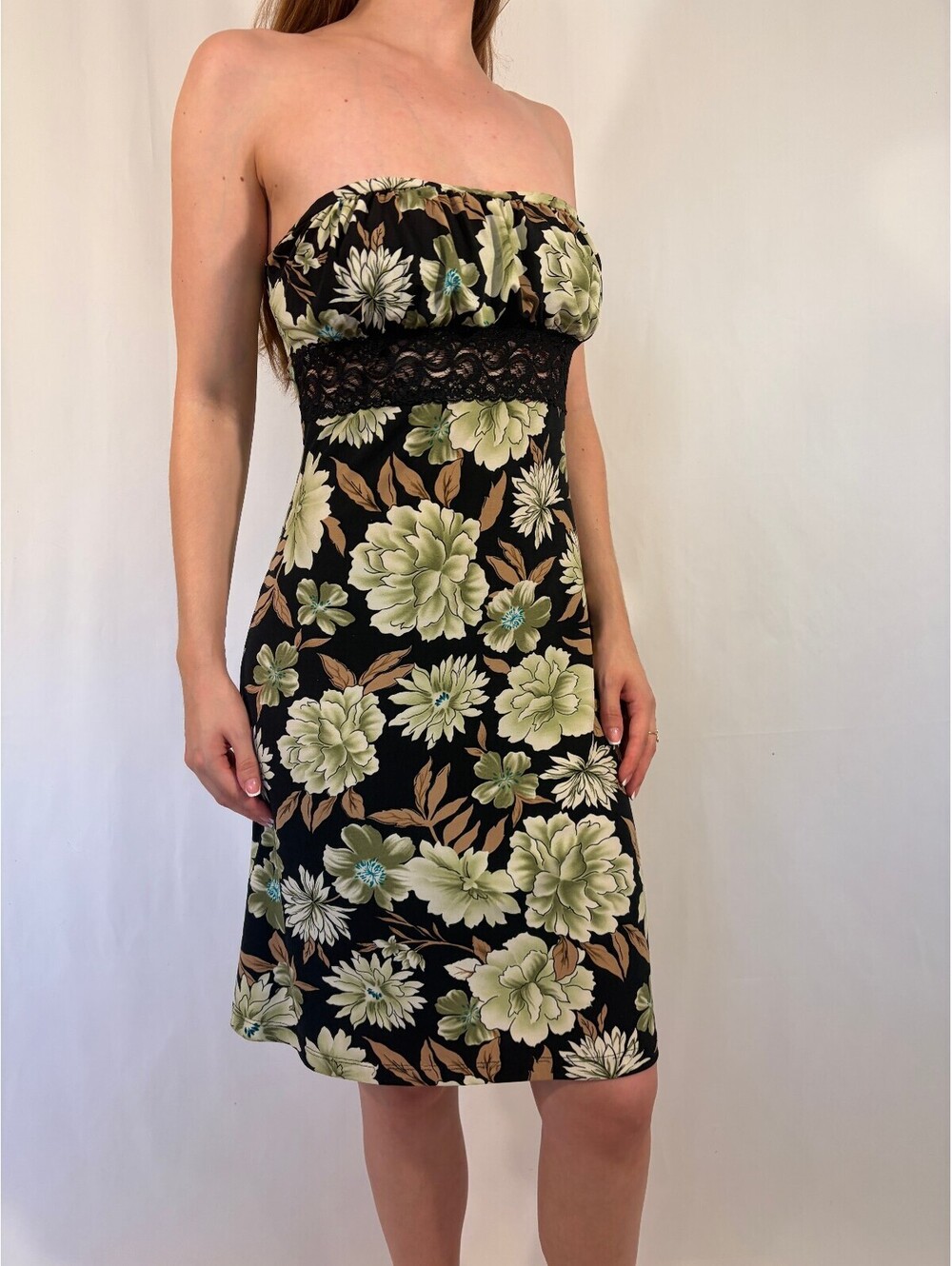 Strapless Green and Brown Floral Lace Y2k Party Dress